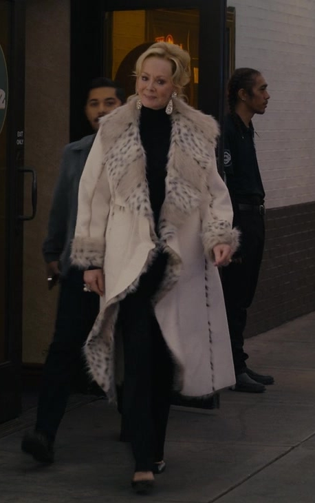 luxurious cascade faux suede coat with elegant fur trim - Jean Smart (Deborah Vance) - Hacks TV Show