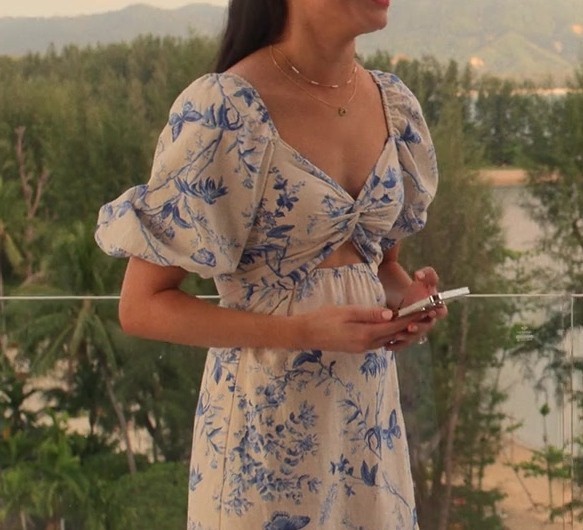 Cream and Blue Floral Linen-blend Knot-Detail Dress of Miranda Cosgrove as Emma