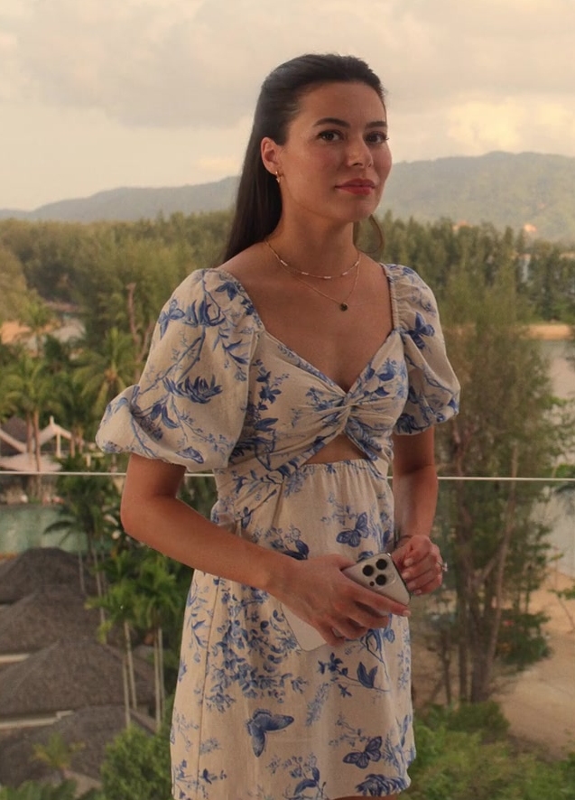 blue and white nature pattern summer dress - Miranda Cosgrove (Emma) - Mother of the Bride (2024) Movie