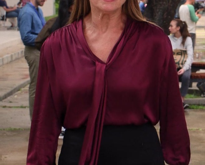 Burgundy Satin Tie Neck Blouse of Brooke Shields as Lana