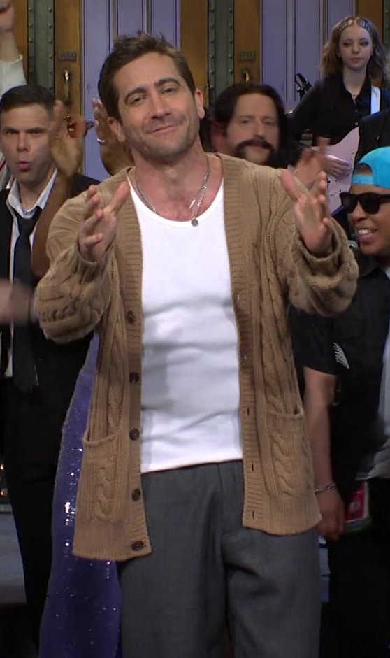 Classic Tan Button-Up Cable Knit Cardigan of Jake Gyllenhaal as Guest