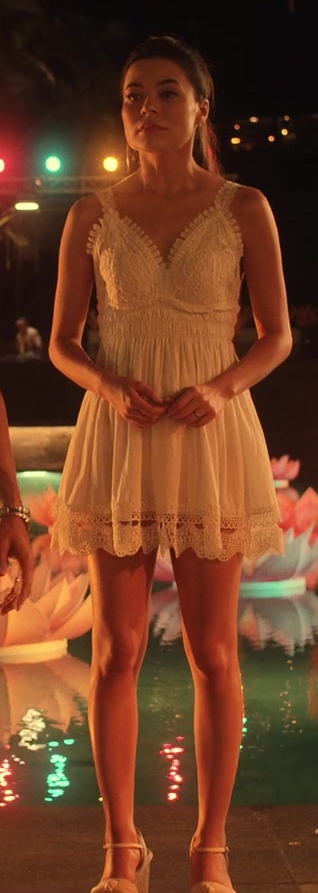 white embroidered lace mini dress - Miranda Cosgrove (Emma) - Mother of the Bride (2024) Movie