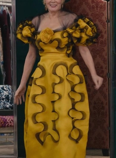 Vibrant Yellow Floral Gown with Dramatic Black Ruffle Detailing of Jean Smart as Deborah Vance