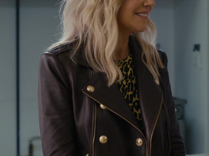 Brown Leather Biker Jacket with Gold Buttons of Kaitlin Olson as Deborah Vance