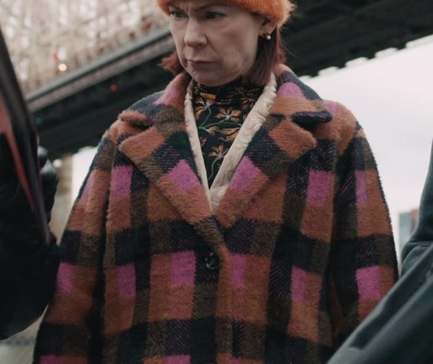 Trendy Eyelash Texture Plaid Long Coat with Single Breasted Design of Carrie Preston as Elsbeth Tascioni