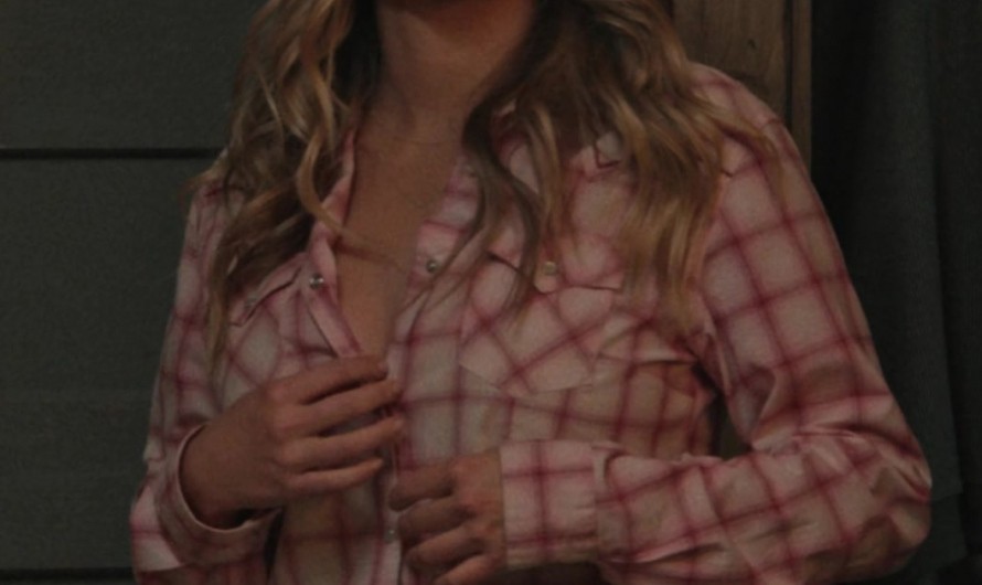 Soft Pink Plaid Button-Up Long Sleeve Shirt of Hassie Harrison as Laramie