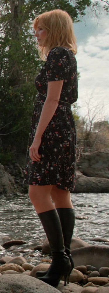 Black Floral Pattern Knee Length Dress of Kelly Reilly as Bethany "Beth" Dutton