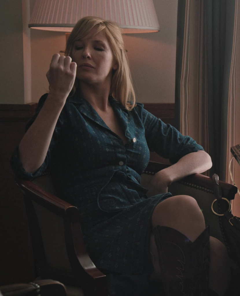 casual teal patterned button-up shirt dress - Kelly Reilly (Bethany "Beth" Dutton) - Yellowstone TV Show