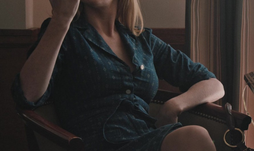 Casual Teal Patterned Button-Up Shirt Dress of Kelly Reilly as Bethany “Beth” Dutton
