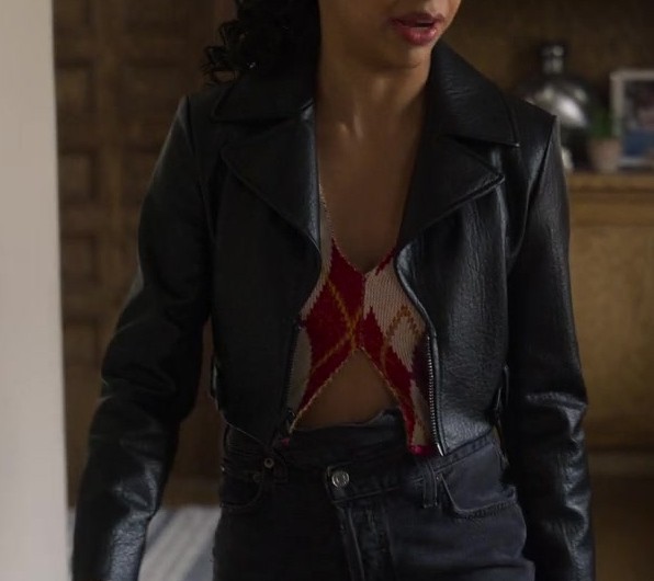 Black Leather Moto Jacket of Liza Koshy as Eugenie