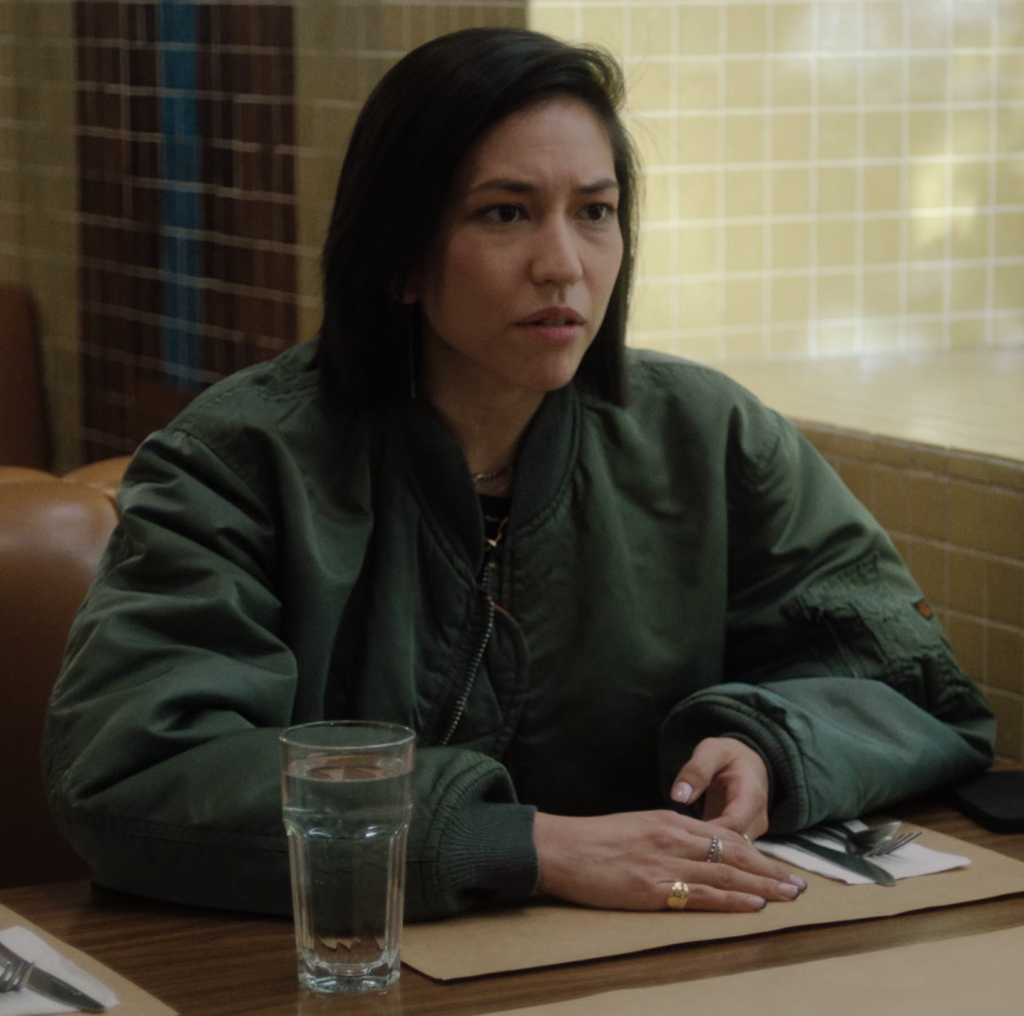 green oversized bomber jacket - Sonoya Mizuno (Jane) - Am I OK (2022) Movie