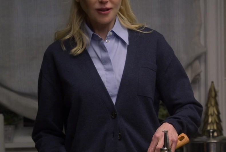 Classic Navy Button-Up V-Neck Cardigan of Nicole Kidman as Brooke Harwood