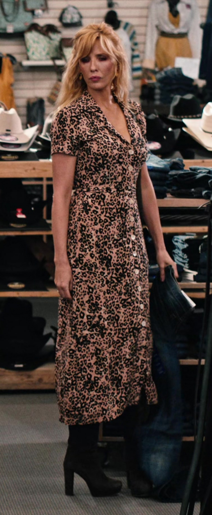 pink and black leopard print button front midi dress - Kelly Reilly (Bethany "Beth" Dutton) - Yellowstone TV Show