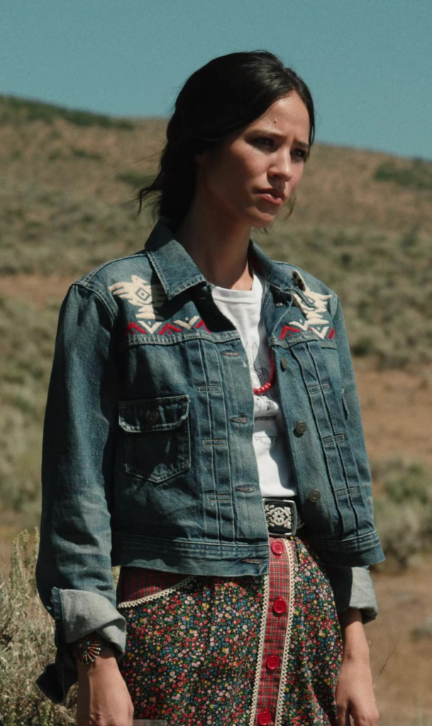 southwestern embroidery blue denim jacket - Kelsey Asbille (Monica Long Dutton) - Yellowstone TV Show