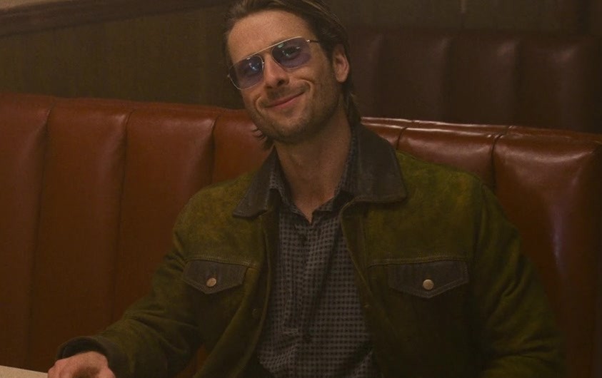 Green Suede Jacket of Glen Powell as Gary Johnson