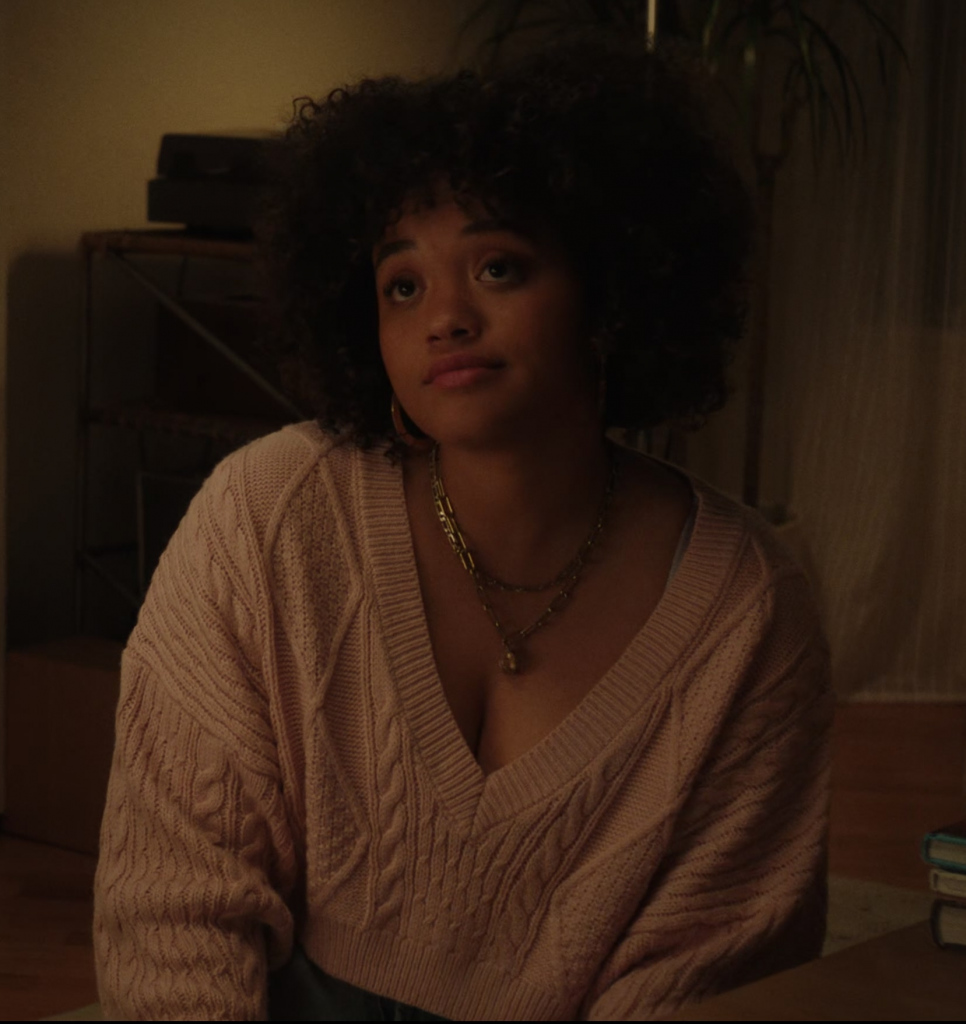 pink knit v-neck crop sweater - Kiersey Clemons (Brittany) - Am I OK (2022) Movie