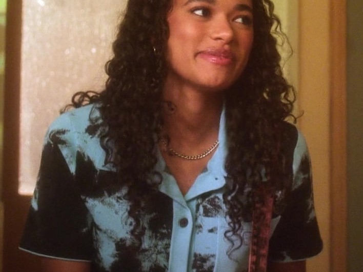 Blue and Black Buttoned Tie Dye Polo Shirt of Chandler Kinney as Tabitha “Tabby” Haworthe