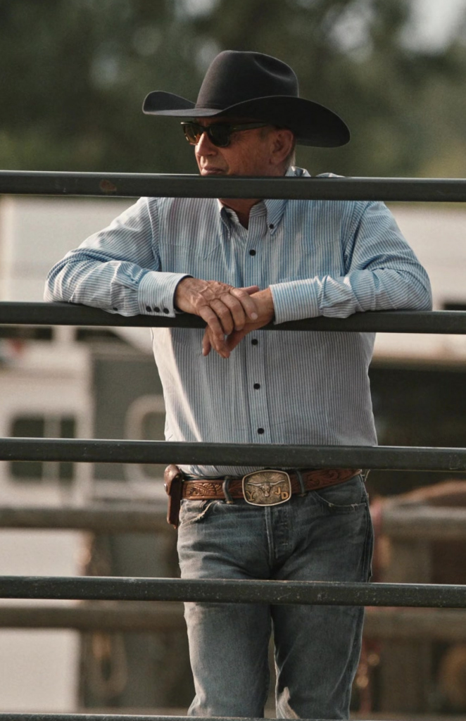 blue striped linen button down shirt - Kevin Costner (John Dutton III) - Yellowstone TV Show