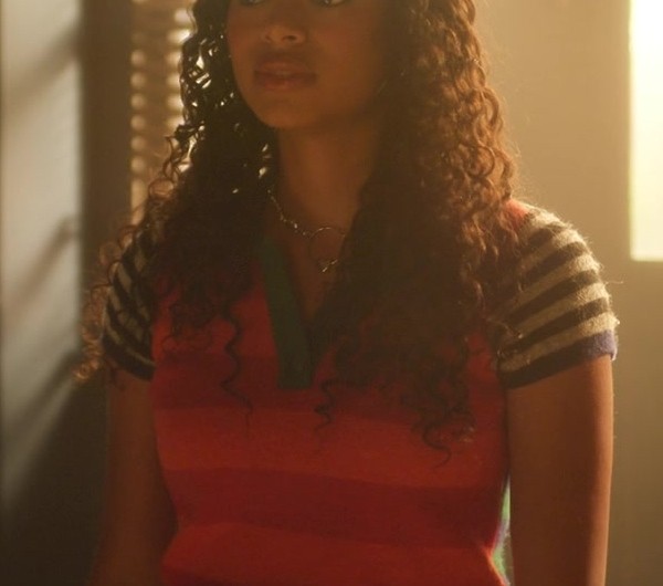 Multicolor Striped Polo Shirt of Chandler Kinney as Tabitha “Tabby” Haworthe