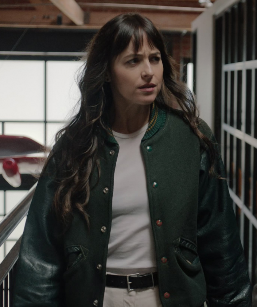 Green Bomber Jacket with Black Leather Sleeves of Dakota Johnson as Lucy