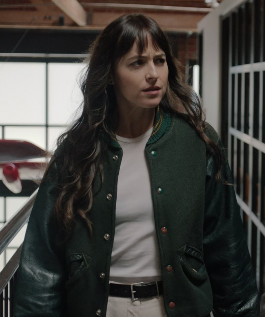green bomber jacket with black leather sleeves - Dakota Johnson (Lucy) - Am I OK (2022) Movie