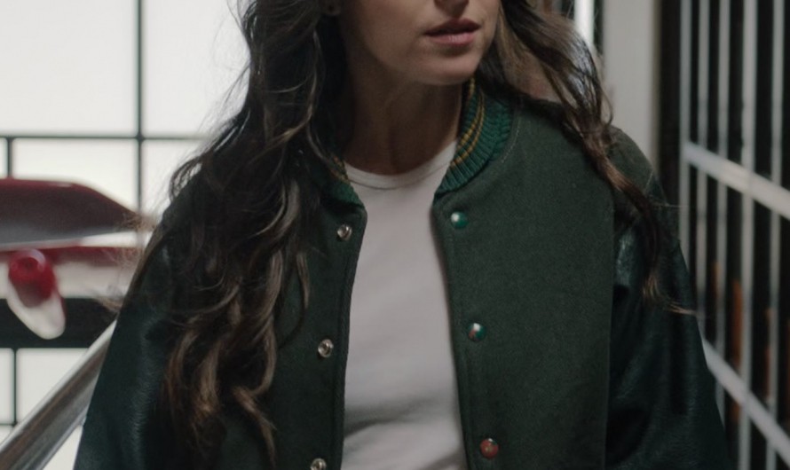 Green Bomber Jacket with Black Leather Sleeves of Dakota Johnson as Lucy