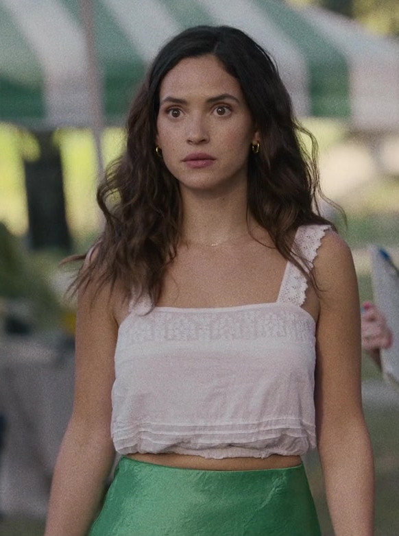 white cropped top with lace trim - Adria Arjona (Madison Figueroa Masters) - Hit Man (2023) Movie