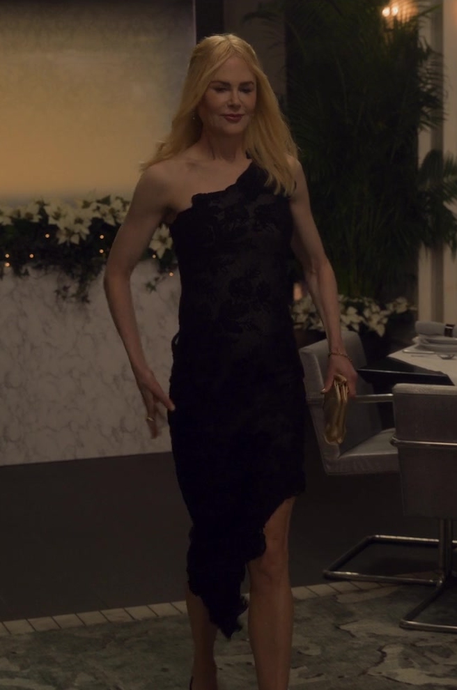 black one-shoulder floral lace cocktail dress - Nicole Kidman (Brooke Harwood) - A Family Affair (2024) Movie
