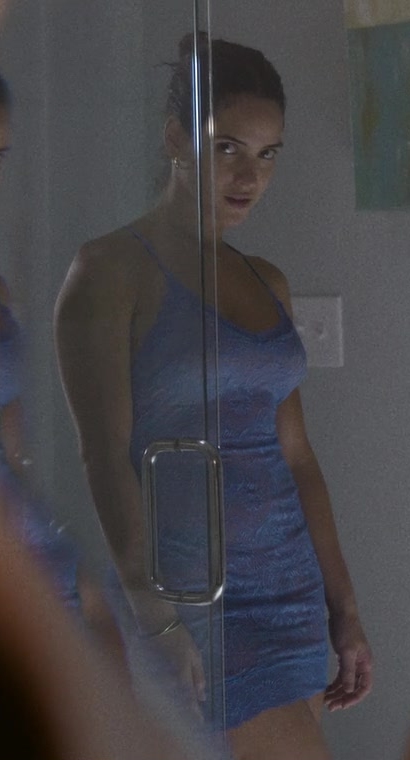 blue lace nightdress - Adria Arjona (Madison Figueroa Masters) - Hit Man (2023) Movie