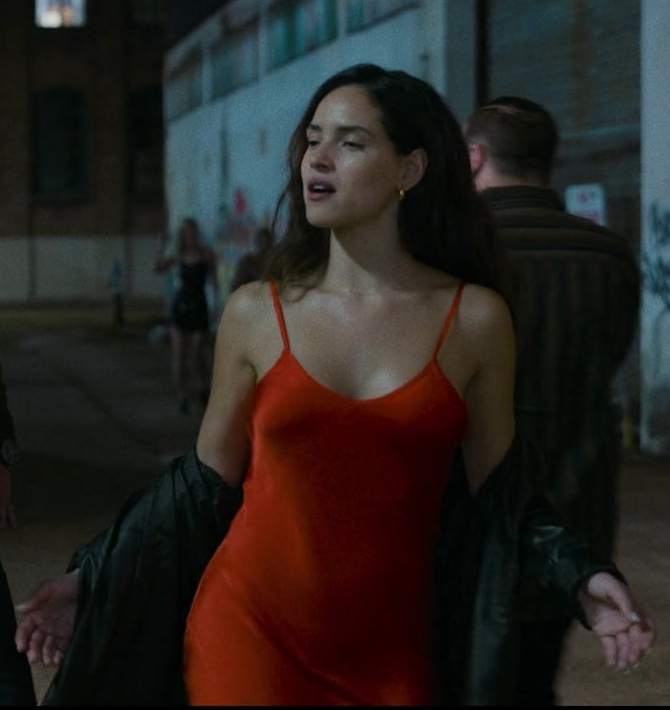 red slip dress - Adria Arjona (Madison Figueroa Masters) - Hit Man (2023) Movie