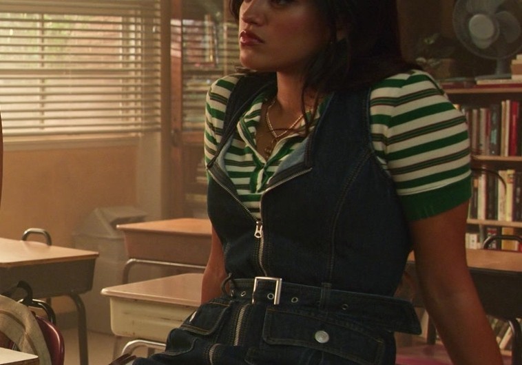 Dark Blue Belted Denim Mini Dress of Maia Reficco as Noa Olivar