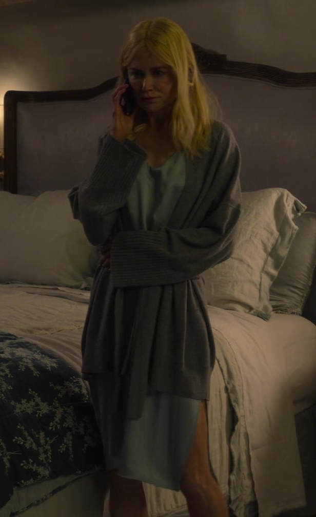 grey open front belted cardigan - Nicole Kidman (Brooke Harwood) - A Family Affair (2024) Movie