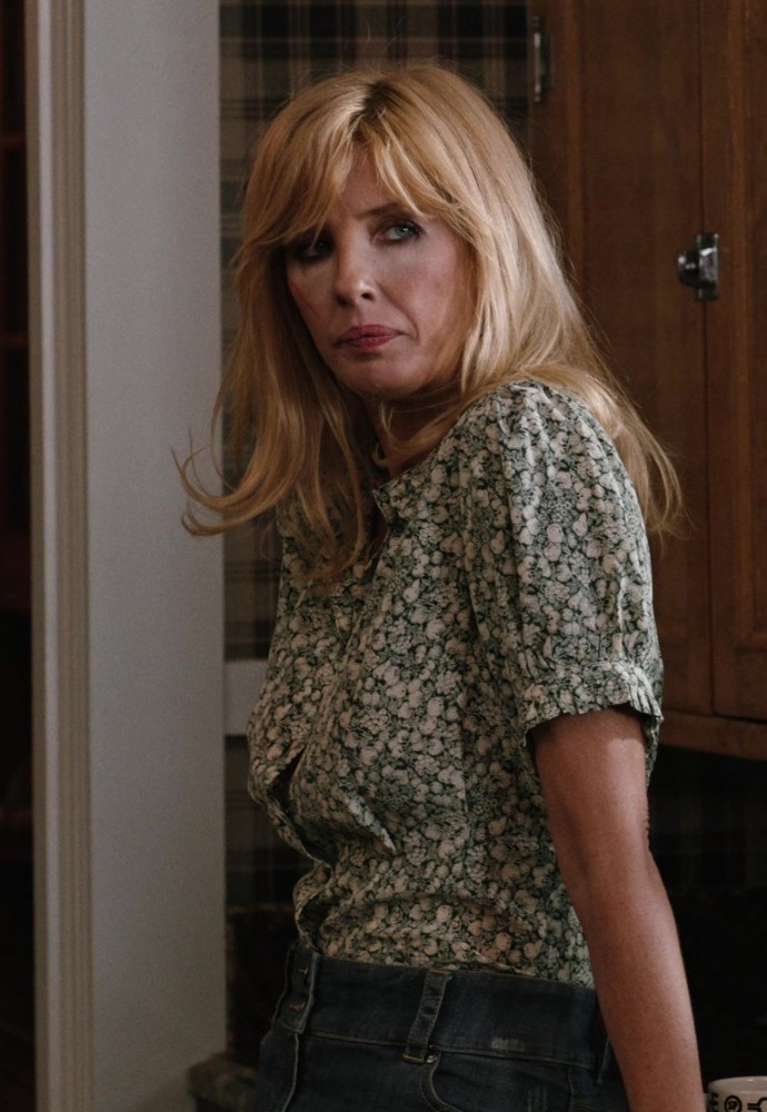 Green Floral Short Sleeve Button Down Top of Kelly Reilly as Bethany "Beth" Dutton