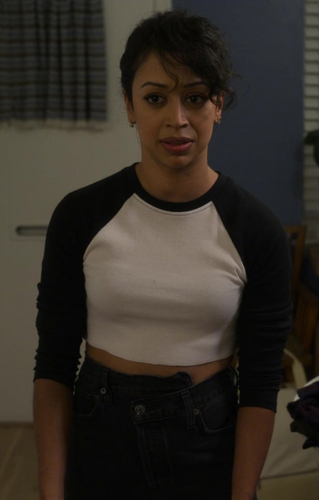 Black and White Long Sleeve Crop Top of Liza Koshy as Eugenie