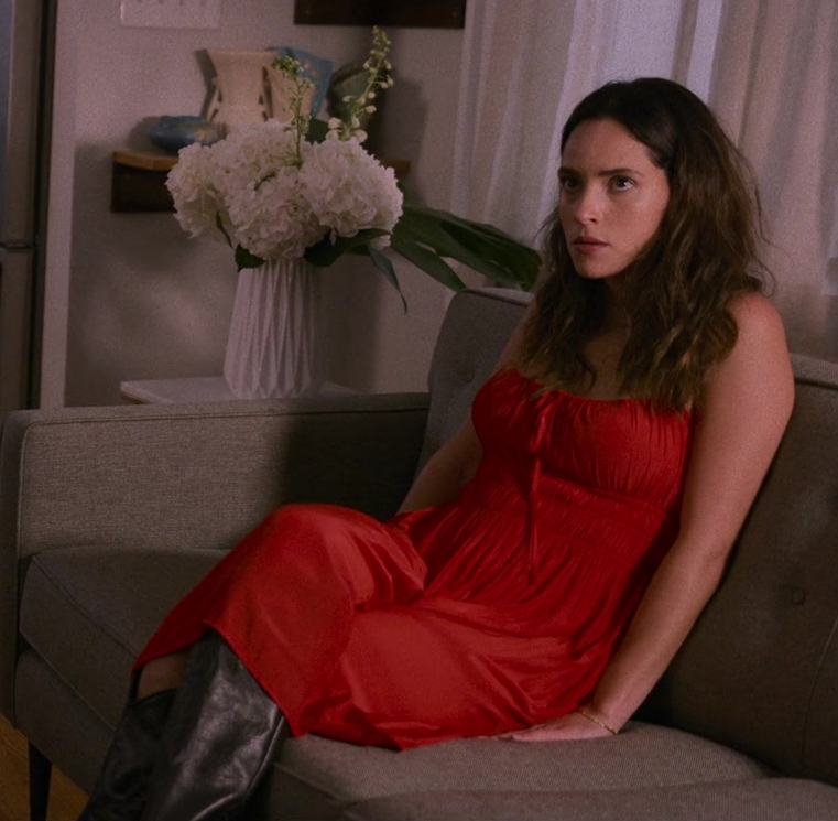 red dress with cinched waist - Adria Arjona (Madison Figueroa Masters) - Hit Man (2023) Movie