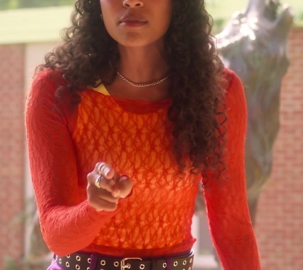 Orange Sheer Lace Long Sleeve Top of Chandler Kinney as Tabitha “Tabby” Haworthe
