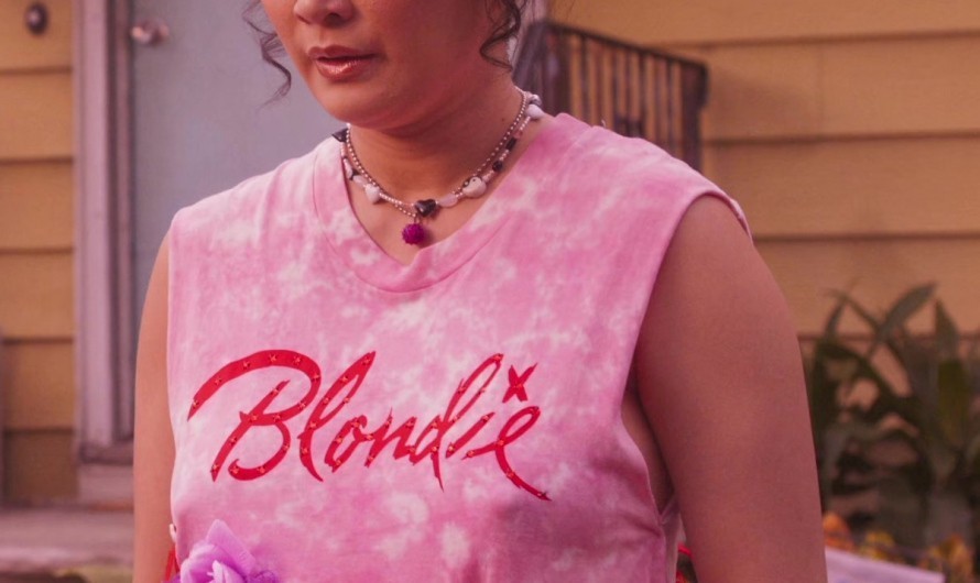 Vibrant Pink Tie-Dye Top with Fringe and Blondie Graphic of Poppy Liu as Nadine Cai