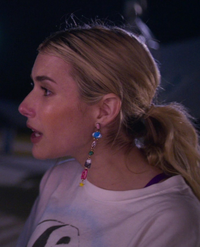 multi-charm earrings featuring vibrant beads - Emma Roberts (Rex Simpson) - Space Cadet (2024) Movie