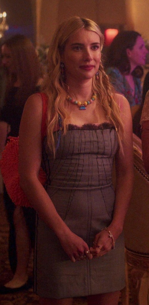 checkered mini dress with delicate lace trim - Emma Roberts (Rex Simpson) - Space Cadet (2024) Movie