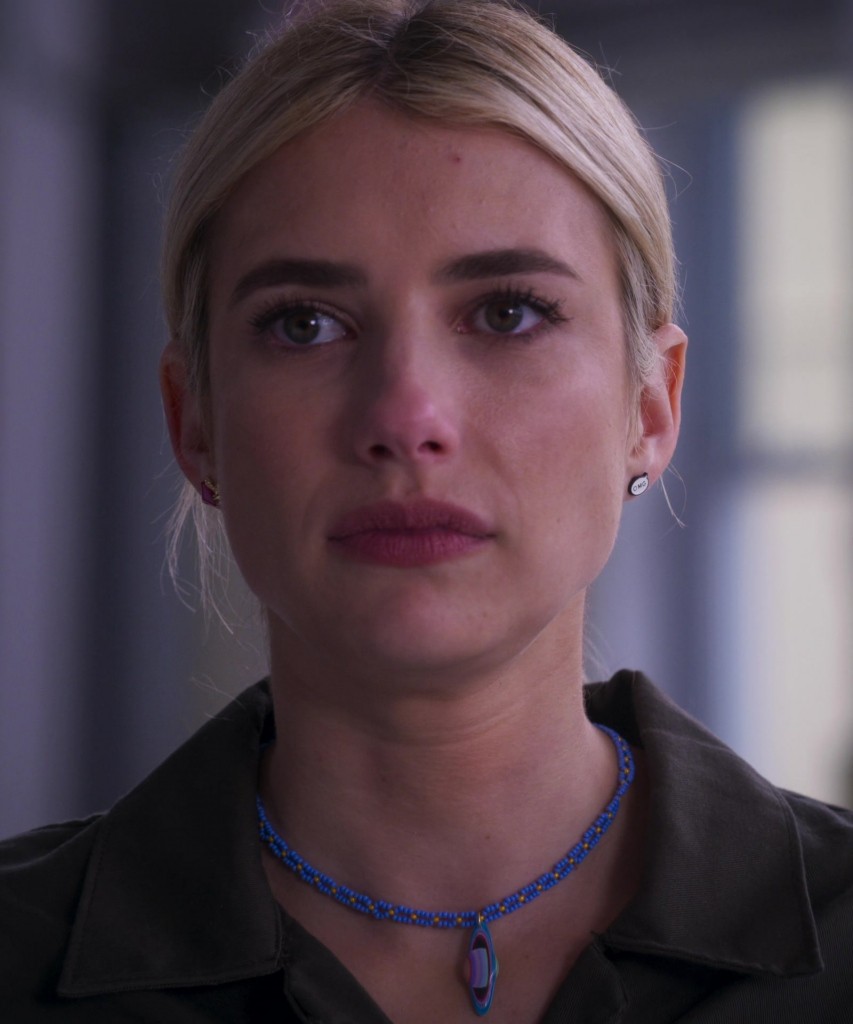 blue beaded necklace with planet pendant - Emma Roberts (Rex Simpson) - Space Cadet (2024) Movie