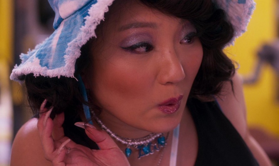 Tie Dye Blue and Pink Denim Frayed Edge Hat of Poppy Liu as Nadine Cai