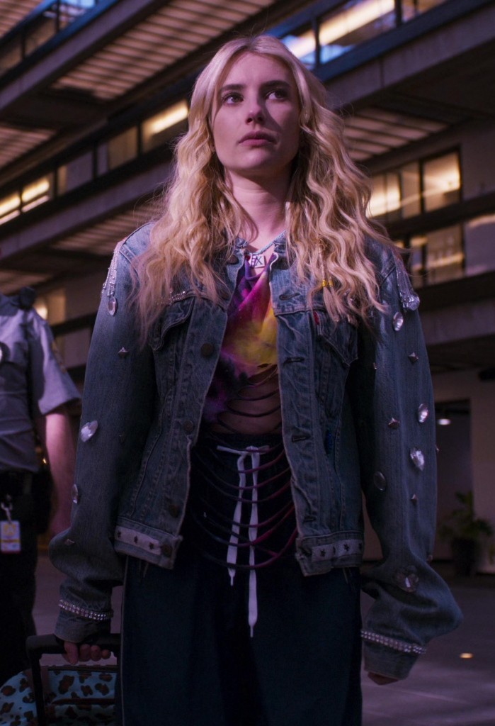 embellished denim jacket with crystal accents - Emma Roberts (Rex Simpson) - Space Cadet (2024) Movie