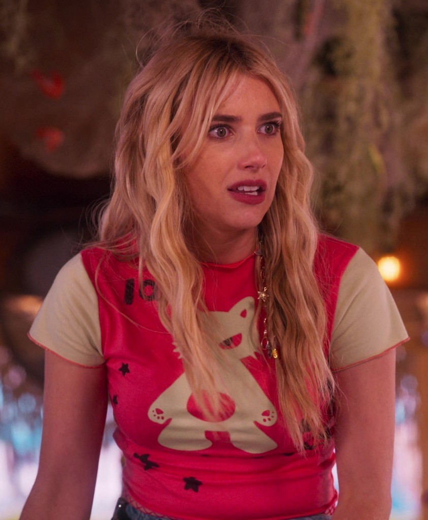 fun and fashionable animal cartoon print top - Emma Roberts (Rex Simpson) - Space Cadet (2024) Movie