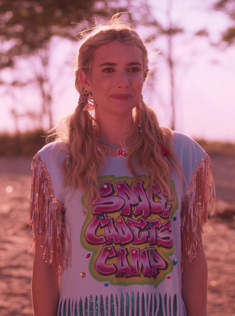 space cadets camp graffiti print tee with fringe - Emma Roberts (Rex Simpson) - Space Cadet (2024) Movie