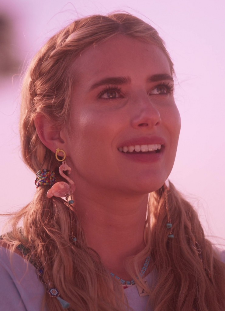 pink flaming earrings - of Emma Roberts (Rex Simpson) - Space Cadet (2024) Movie