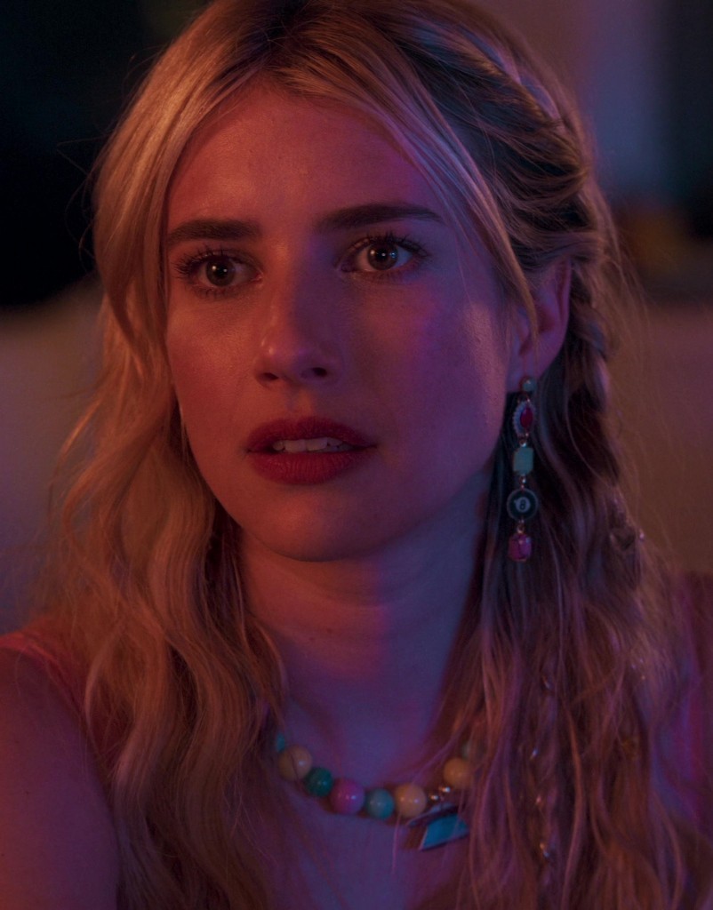 stylish drop earrings featuring colorful beads and unique pendants - Emma Roberts (Rex Simpson) - Space Cadet (2024) Movie