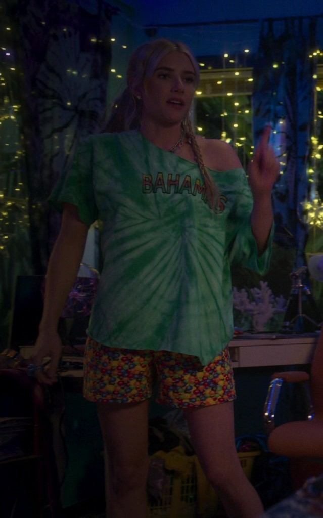 stylish bahamas logo shirt in vibrant green tie-dye - Emma Roberts (Rex Simpson) - Space Cadet (2024) Movie